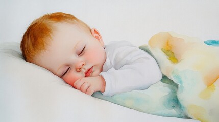 A serene watercolor illustration of a peaceful baby sleeping soundly, wrapped in a soft blanket with gentle pastel tones