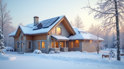 winter landscape with a house in the foreground, showcasing energy-efficient features like solar...