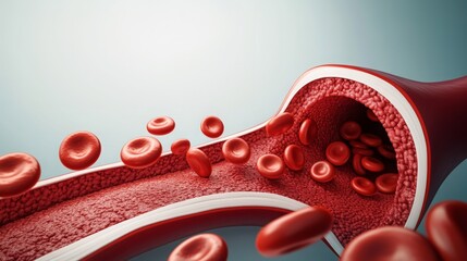 Detailed 3D illustration of red blood cells moving inside an artery, showcasing the inner structure of blood vessels and circulation