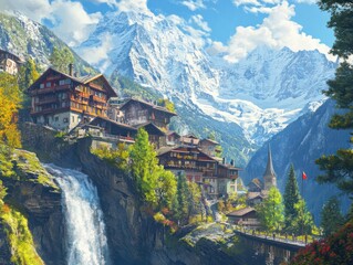 Switzerland nature and travel. Alpine scenery. Scenic traditional mountain village Lauterbrunnen with waterfall. surrounded by snow peaks of Alps. Popular tourist destination and ski resort