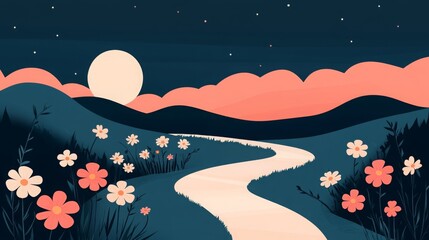 Minimalistic illustration of a peaceful night scene featuring a winding path, blooming flowers, rolling hills, and a glowing full moon