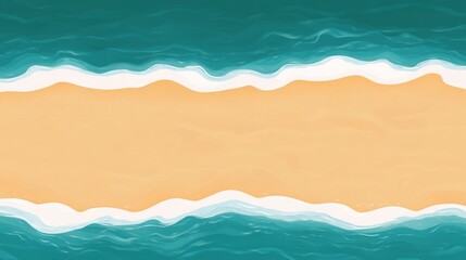 Simple abstract, artistic illustration of a serene beach with golden sand, gentle turquoise waves, and white foam under a calm setting