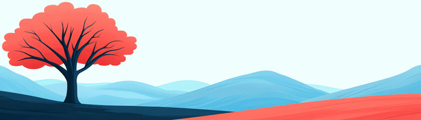 Illustration of a red-leaved tree standing on a hillside with soft blue rolling hills in the background under a clear sky