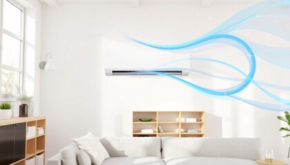 A modern white air conditioning unit wall-mounted in a contemporary living room blows cool air represented by blue flowing lines with sparkles. The sleek design complements the cozy interior.