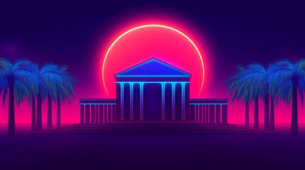 A vibrant retro-futuristic scene featuring a neon-lit temple under a glowing sun, flanked by illuminated palm trees at dusk