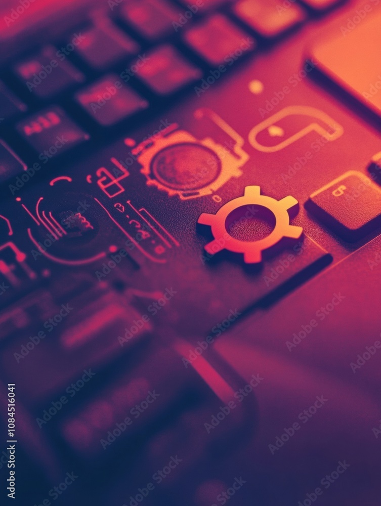 Poster A keyboard displays a mouse and gear overlay, symbolizing technology and productivity in a contemporary work environment. Generative AI