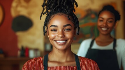 Two cheerful young women stand together in a cozy café. One woman with dreadlocks smiles brightly at the camera, while the other smiles behind her, highlighting a welcoming atmosphere filled with art
