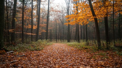 A tranquil autumn forest with the ground blanketed in rich orange and brown leaves, guiding the way along a picturesque, tree-lined path