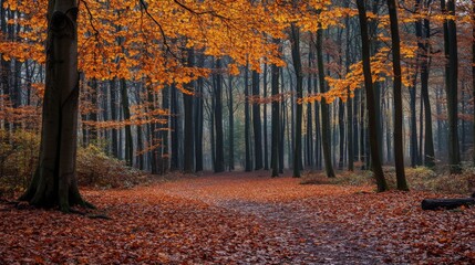 A peaceful autumn forest with vibrant orange and brown leaves covering the ground, leading down a scenic tree-lined path