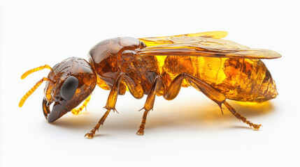 Amber ant trapped in golden resin showing intricate details