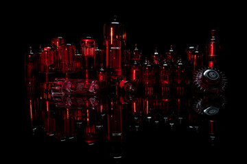 Radio lamps glow red on a black background