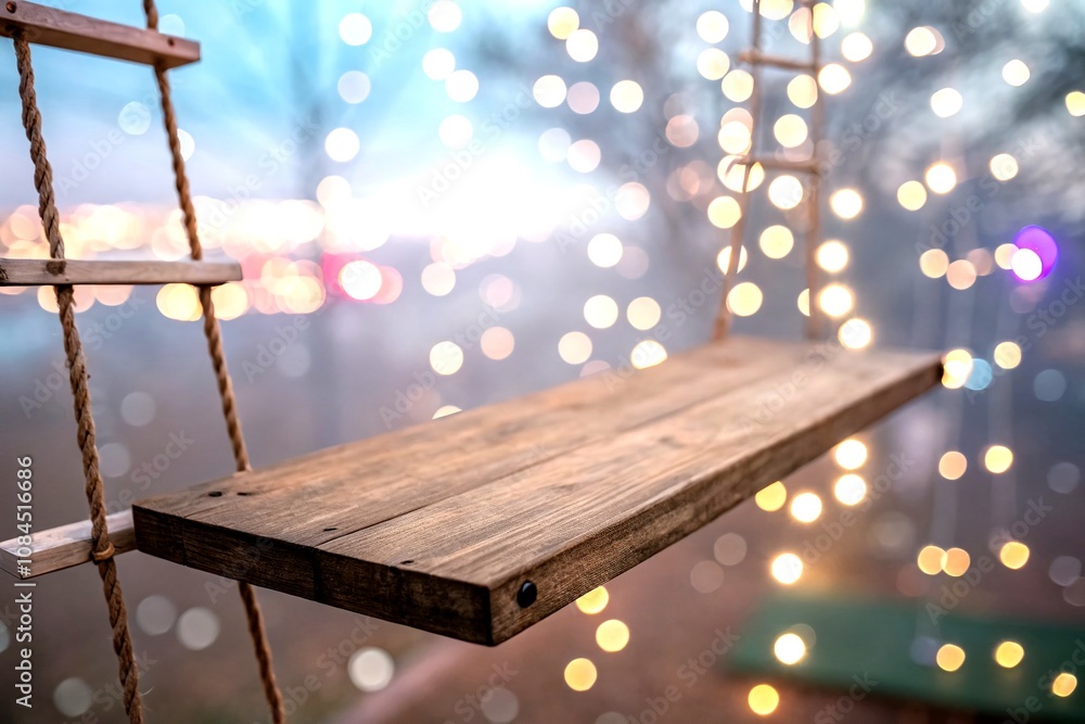 Aufkleber surreal wood shelf in dreamy bokeh light with an empty space for imagination and creativity, invitin