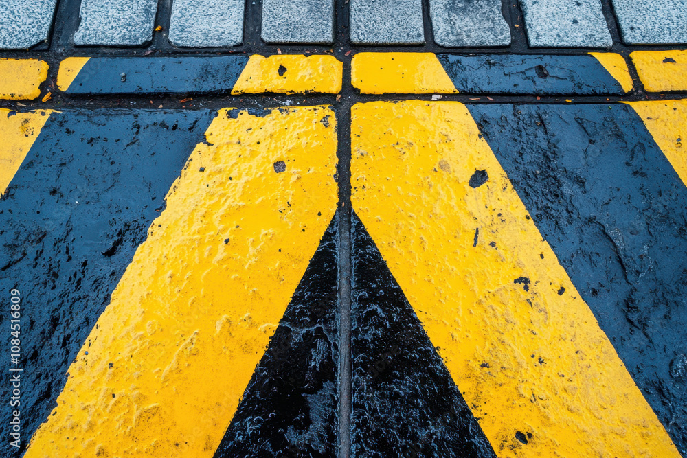 Poster a close-up view of yellow and black diagonal stripes on a wet pavement, creating a striking visual c
