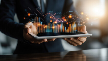 Businessman using tablet analyzing sales data and financial report, business growth graph chart. digital marketing planning and strategy, financial report, business, finance and investment concept