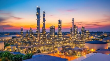 Fototapeta premium Industrial complex at sunset, showcasing refinery structures and storage tanks.
