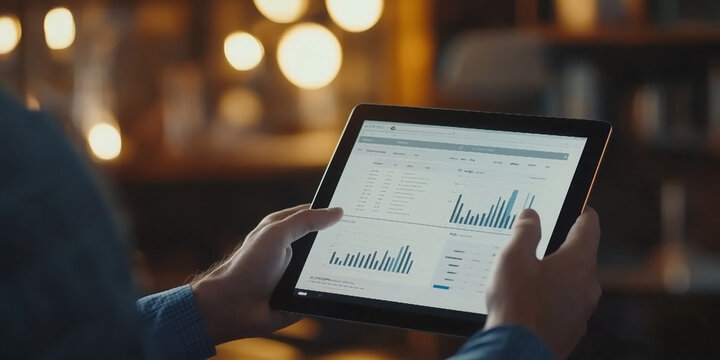 Businessman using tablet analyzing sales data and financial report, business growth graph chart. digital marketing planning and strategy, financial report, business, finance and investment concept