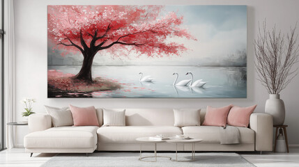 A painting of a pink cherry blossom tree by a lake, with white swans. It's in a living room