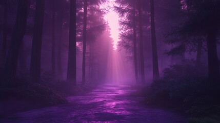 Fototapeta premium Enchanted forest path bathed in ethereal purple light at dawn, AI