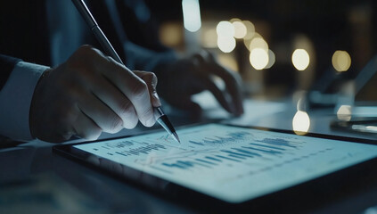 Businessman using tablet analyzing sales data and financial report, business growth graph chart. digital marketing planning and strategy, financial report, business, finance and investment concept