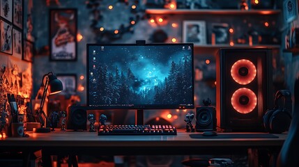 Obraz premium A gamer's desk with a computer monitor, keyboard, mouse, speakers, and headphones.