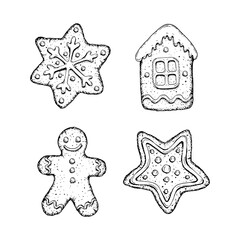 Hand drawn vector set of illustration Christmas cookies in festive shapes, including a snowflake, gingerbread man, star and house. Perfect for holiday designs, greeting cards and seasonal decorations