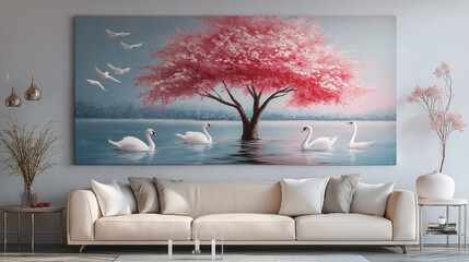 A large painting of a pink blossom tree, swans on a lake, and birds in a living room with a light beige sofa