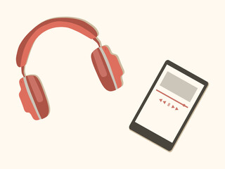 Pink headphones and phone with music player. Music, listening, equipment, technology. Vector illustration