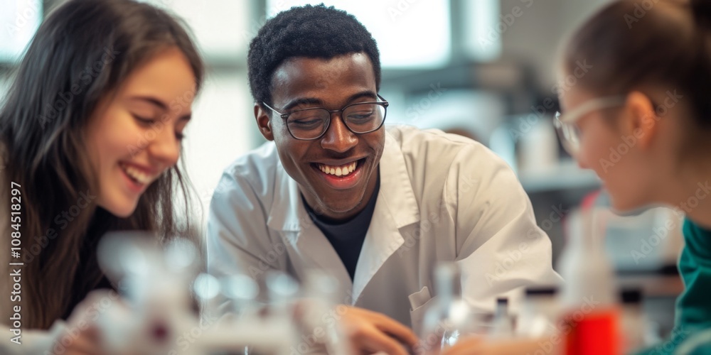Poster a diverse group of students is working together in a bright laboratory. they are smiling and engaged