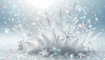 Crystal white background with delicate, iridescent sparkles and soft snow new year greeting card,copy space, banner