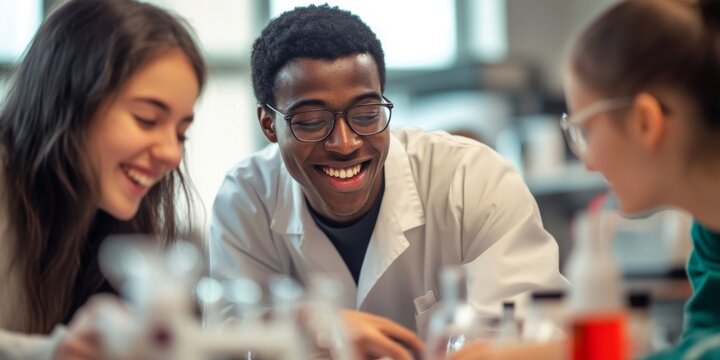 A diverse group of students is working together in a bright laboratory. They are smiling and engaged in their science experiments. This image captures teamwork and enthusiasm in learning. AI