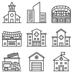 Premium Vector Line Icons of Urban Infrastructure: Church, Skyscraper, Stadium, Hospital, Fire Station, and School - Scalable for Web & Print