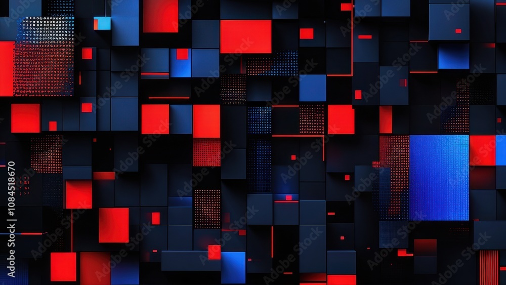 Poster abstract composition of interlocking red and blue cubes on a dark background.