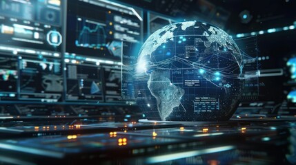 A digital globe surrounded by data analytics displays and technological interfaces.