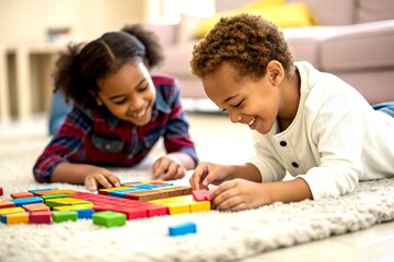 Fototapeta premium Two Children Engaged in Playful Dominoes Game on a Soft Carpeted Floor, Showcasing Joyful Bonding and Creative Exploration in a Cozy Indoor Environment
