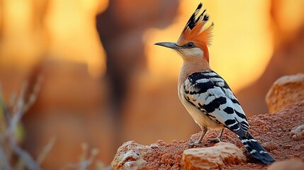 Naklejka premium Hoopoe bird perched on rocks at sunset.