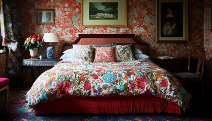 Bedroom featuring a bed with colorful floral cushions creating a vibrant look