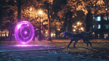 A robotic dog chases a glowing purple disc in a city park
