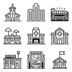 Premium Vector Line Icons of Urban Infrastructure: Church, Skyscraper, Stadium, Hospital, Fire Station, and School - Scalable for Web & Print