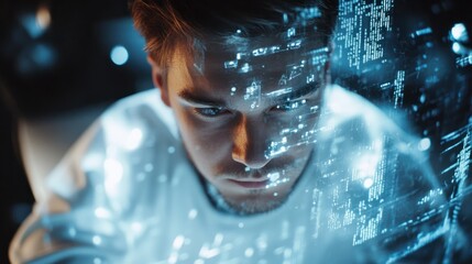 A young, futuristic and professional male computer programmer working on a new source code. A smart and intelligent man busy coding while looking at digital and virtual data or software