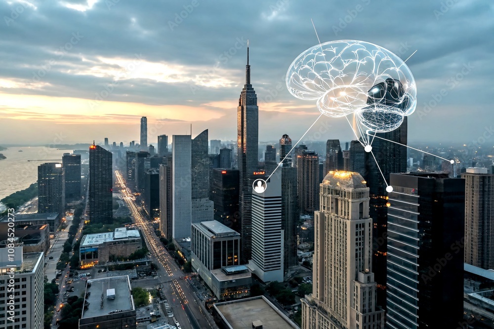 Poster urban exploration of ai and human brain integration: a futuristic journey through neural networks an