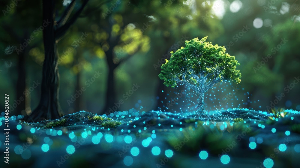 Poster a single tree in a forest with glowing blue particles around it.