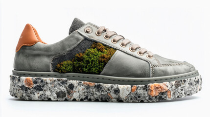 Sustainable sneakers showing moss and recycled sole promoting eco friendly fashion