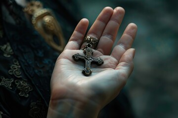 Obraz premium Womans hand with cross .Concept of hope faith christianity religion church online.