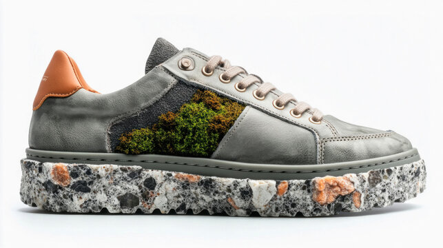 Sustainable sneakers showing moss and recycled sole promoting eco friendly fashion