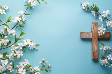 Wooden cross with spring flowers on blue background. Religious holidays.