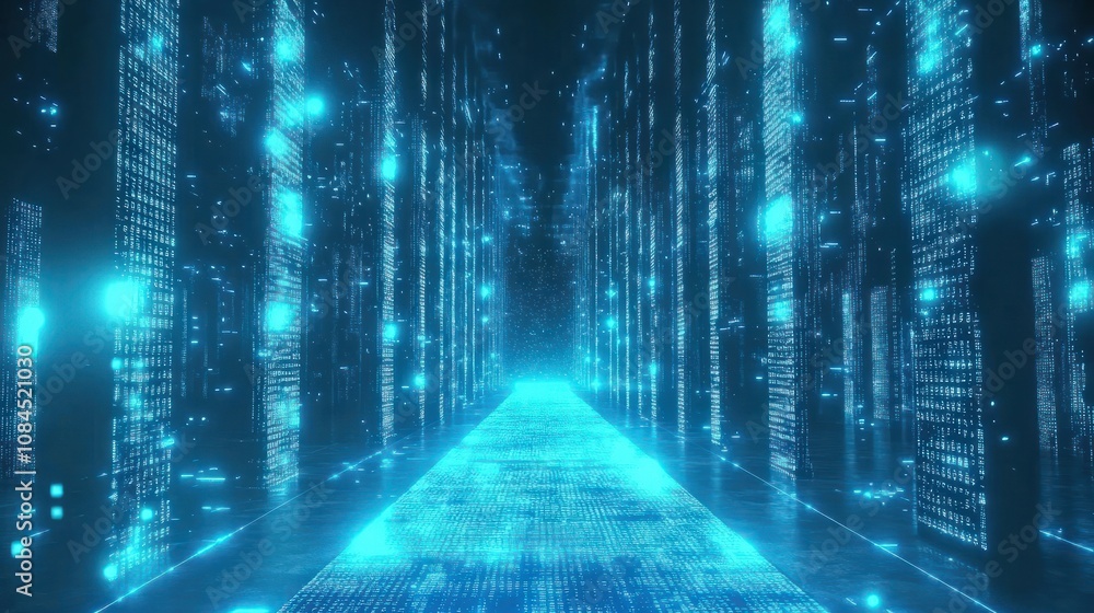 Poster blue binary code background with glowing lights and data flowing, technology concept