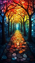 A Colorful Stained Glass Forest Pathway, Enchanting Stone Path Through Trees