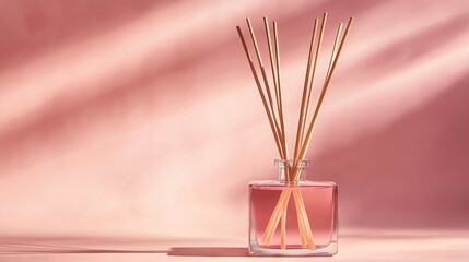 Air freshener diffusing pleasant pink fragrance in a modern interior