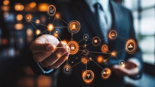 Businessman touching structure of business technology on data network to adapt implement new policies and technology to support it effectively. Enhance customer experience and stay competitive