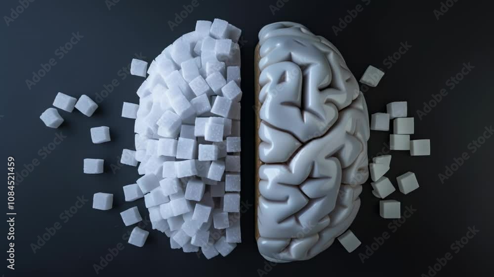 Poster Half model of human brain and pile of sugar cubes lying on dark gray background representing sugar addiction and its impact on cognitive functions